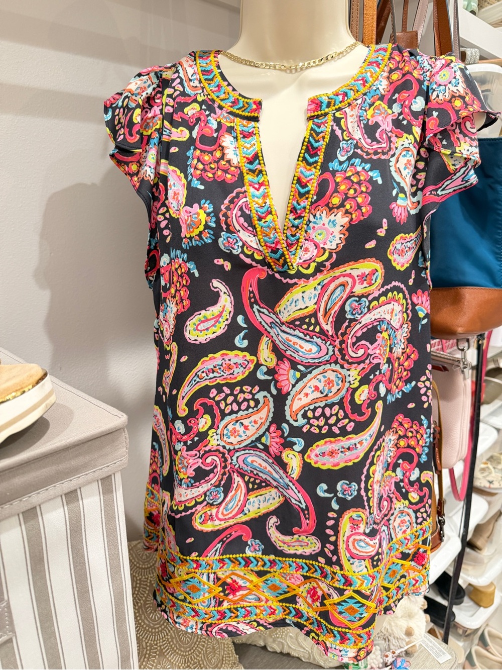 Paisley Embroidered V-Neck Blouse in Black. Pinks and yellow
